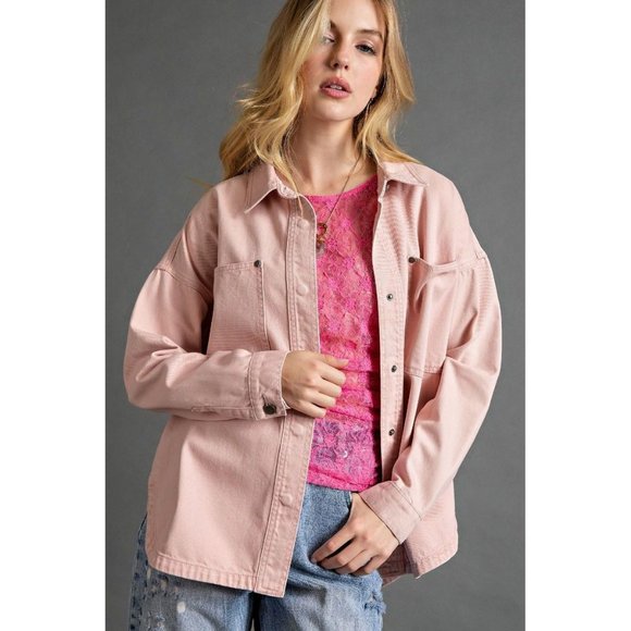 easel Jackets & Coats Easel Faded Olive Washed Twill Collared Neck